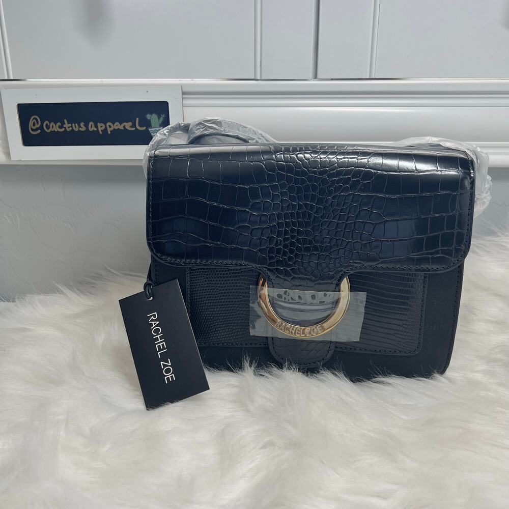 New Women’s Rachel Zoe Black Irim Faux Croc Crossbody Bag
